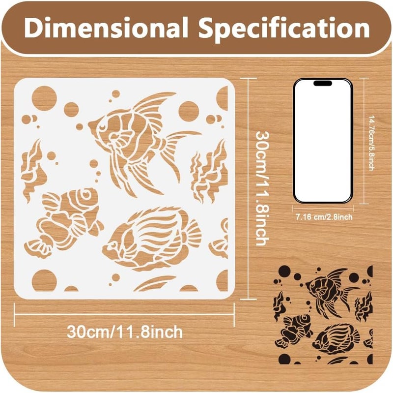 DOODLREAM Coral Fish Ocean Animal Stencil for Painting 11.8 x 11.8 Inch Reusable Plastic Fish Sea Animal Stencil for Painting on Wood Wall Fabric Furniture, DIY Home Decor Craft Stencil - Image 2